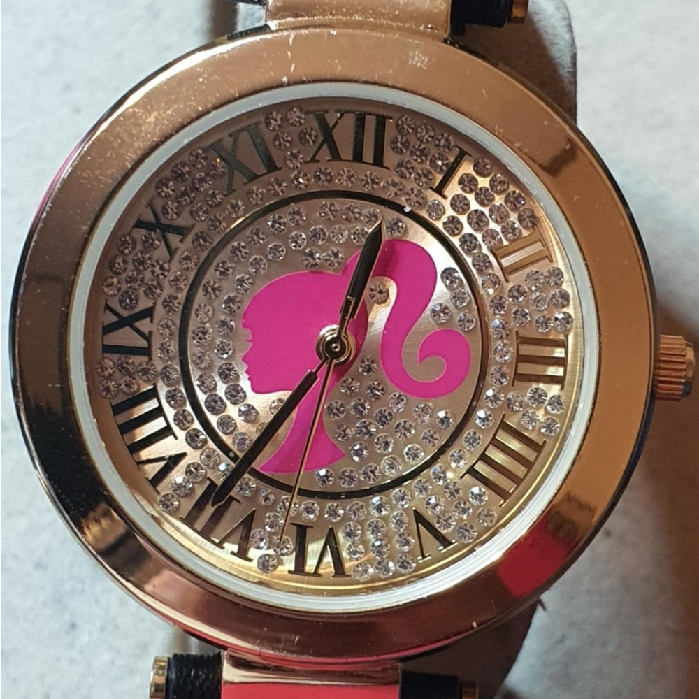 Barbie by Accutime Goldtone/Black Rhinestone Leather Women's Watch